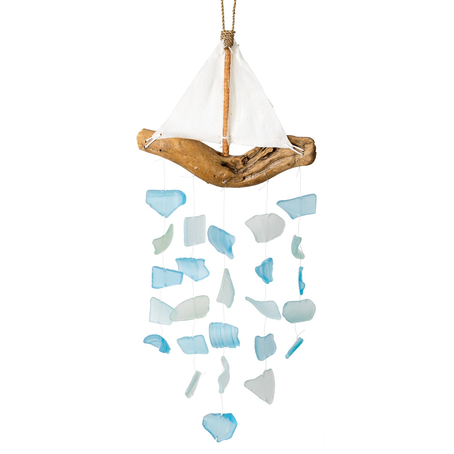 Driftwood & Fabric Boat Upcycled Glass Chime