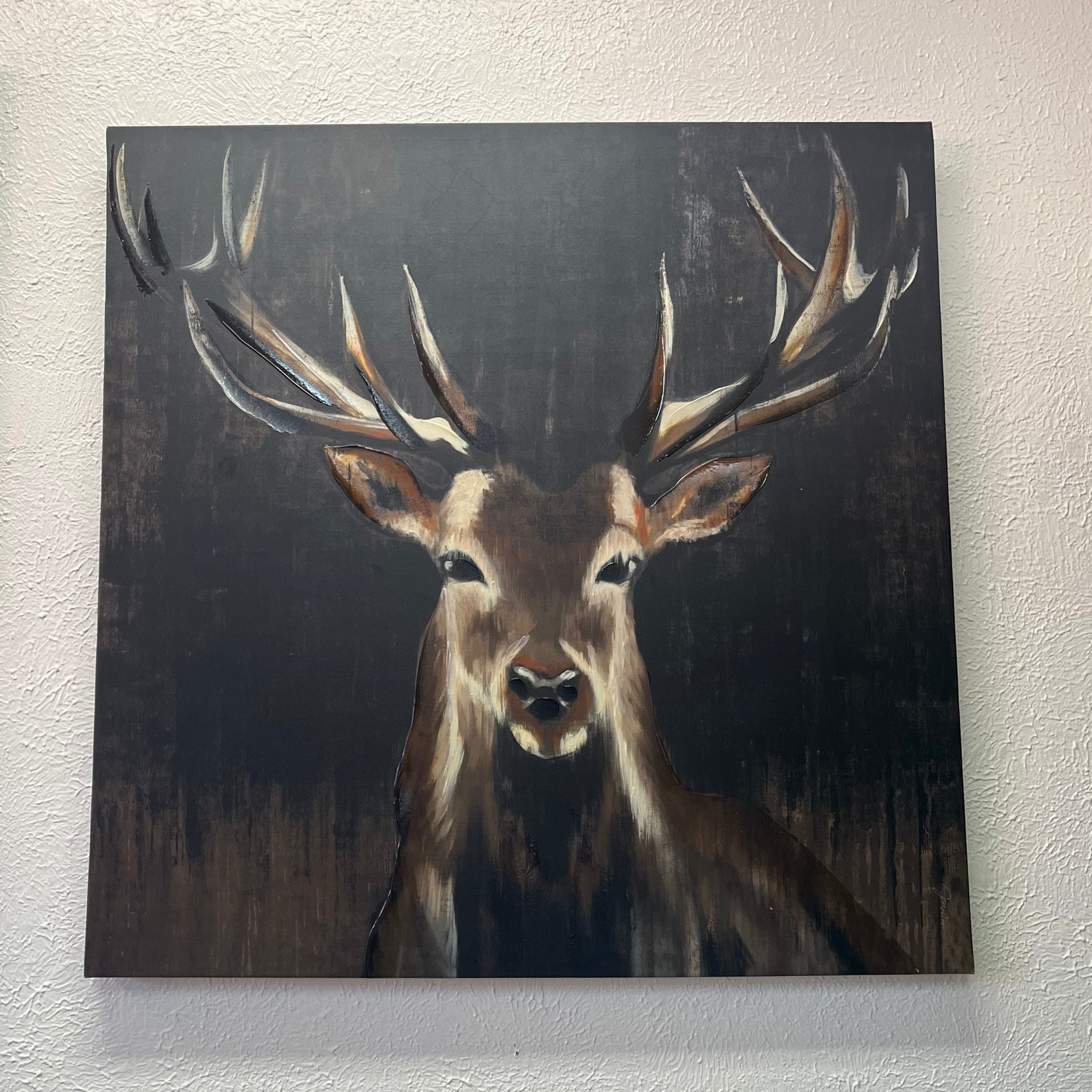 Painting of a deer with large antlers on a dark background