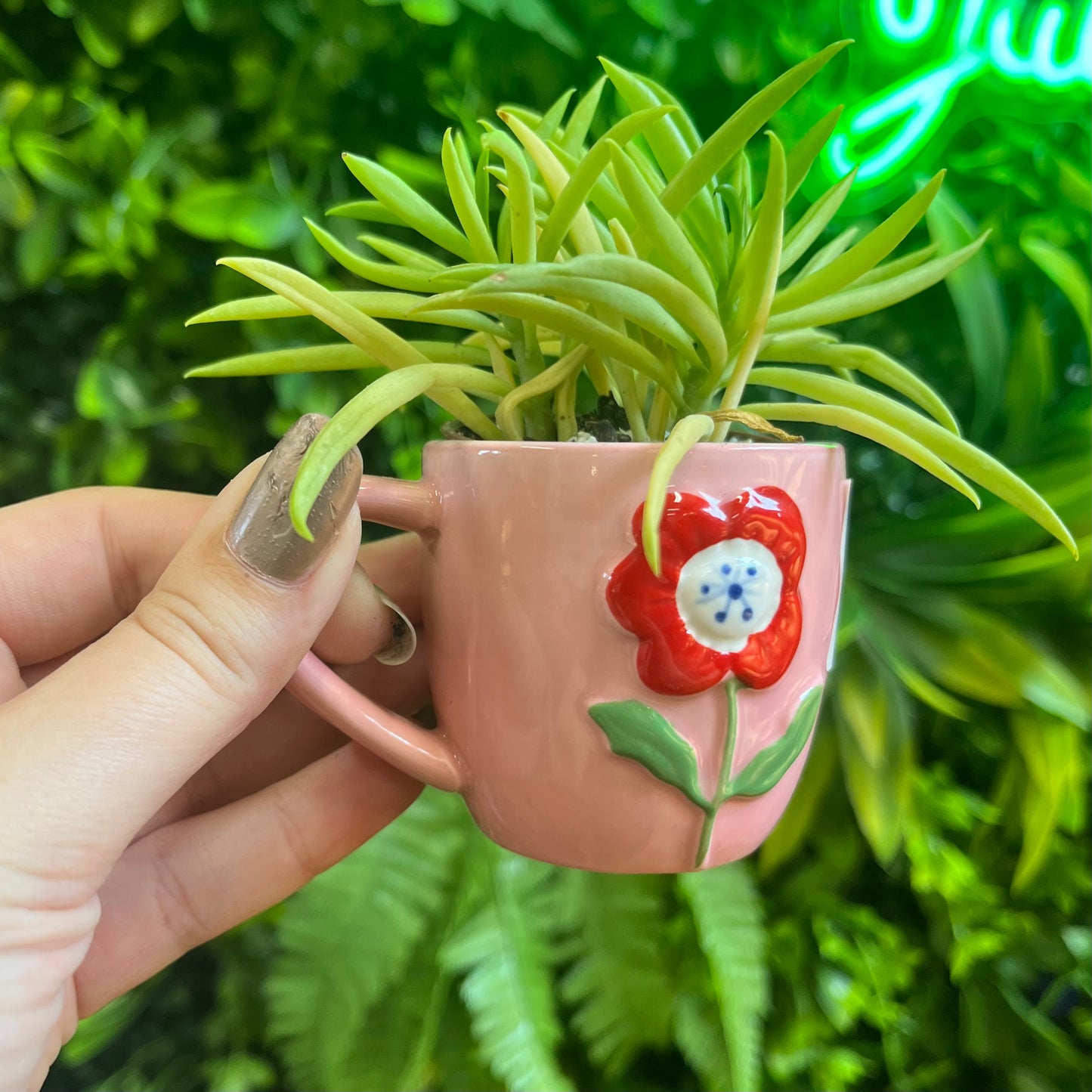 Mini Pink Mug Pot with Red Flower