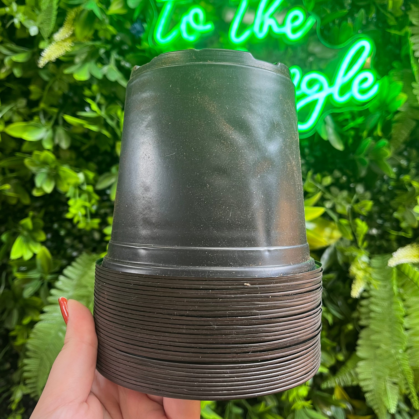 Neon sign reading 'Welcome to the Jungle' with a hand holding a stack of black pots against a green leafy background.